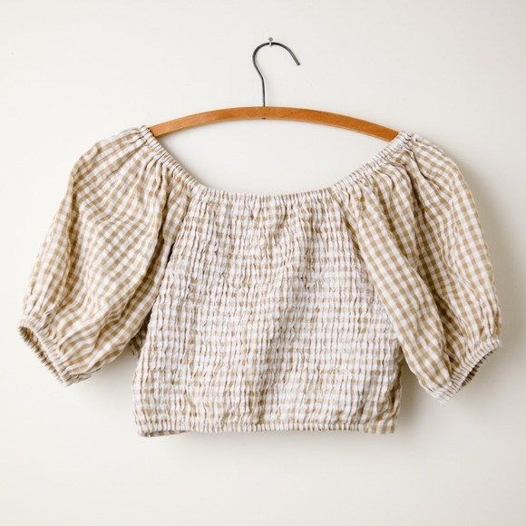 Gingham Smocked Puff Sleeve Wrap Crop Top‎ Medium Cottagecore Milkmaid Boho - Picture 4 of 8